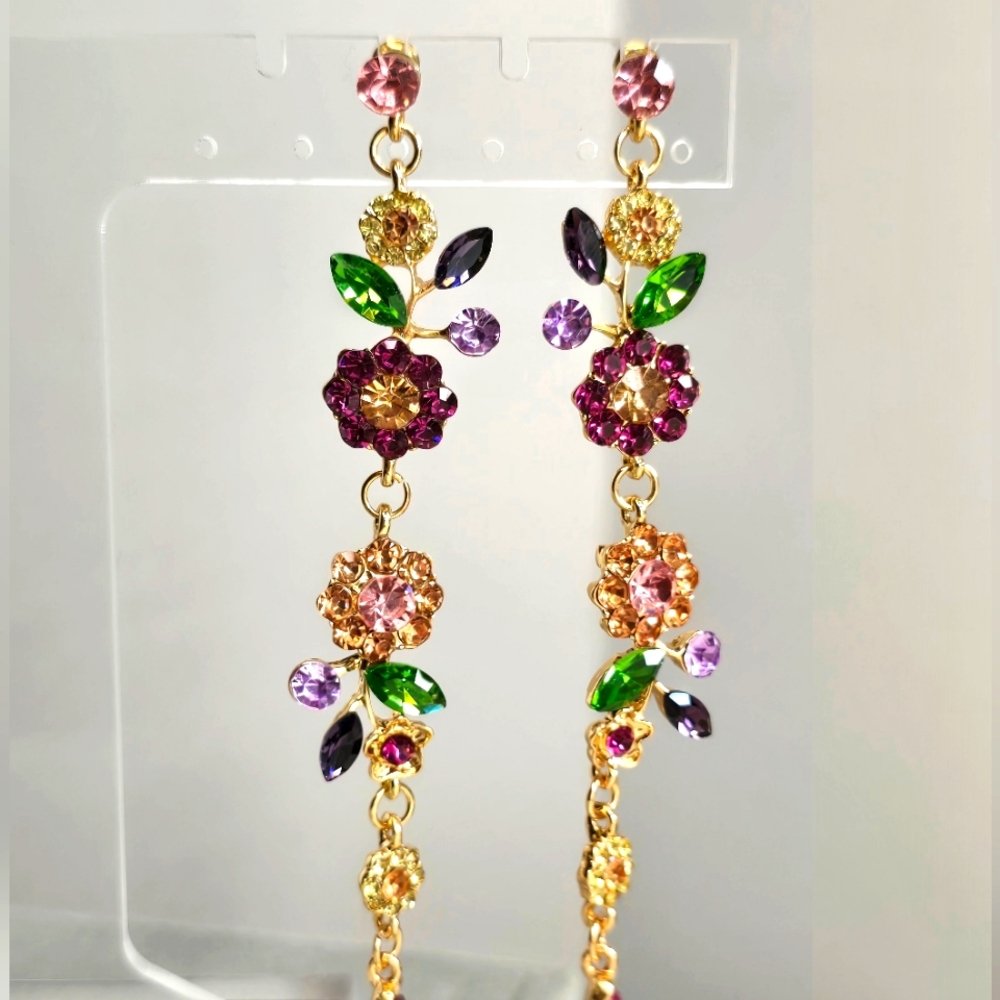 Multicolored Rhinestone Flower Drop Earrings